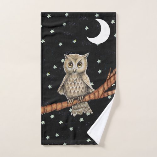 Brown Owl Golden Eyes Necklace Moon Stars Hand Towel