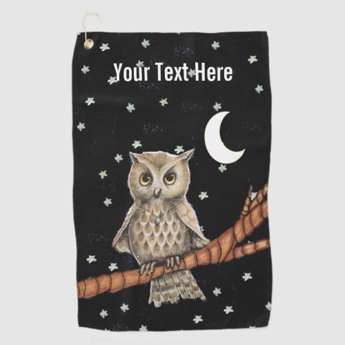Brown Owl Golden Eyes Necklace on Branch Moon Star Golf Towel
