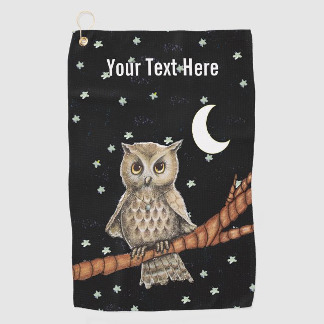 Brown Owl Golden Eyes Necklace on Branch Moon Star Golf Towel (Front)