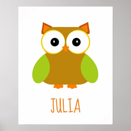 Brown Owl Green Wings Kawaii Cartoon Poster