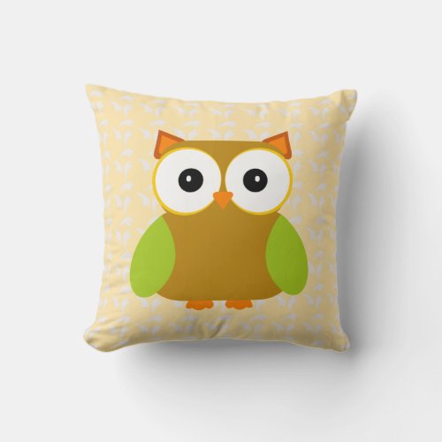 Brown Owl Green Wings Kawaii Cartoon Throw Pillow