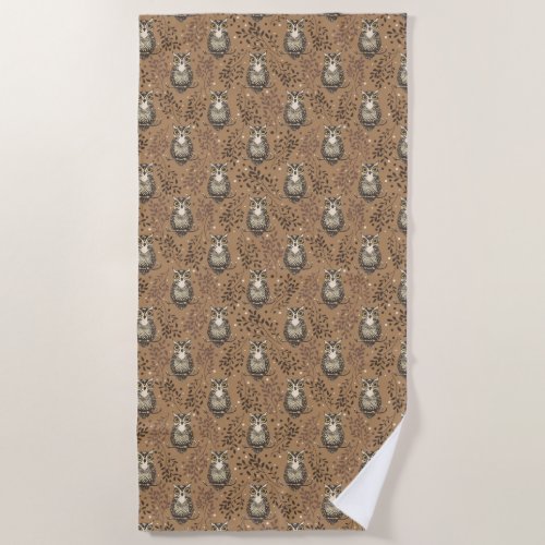 Brown Owl Illustrated Woodland Pattern Beach Towel