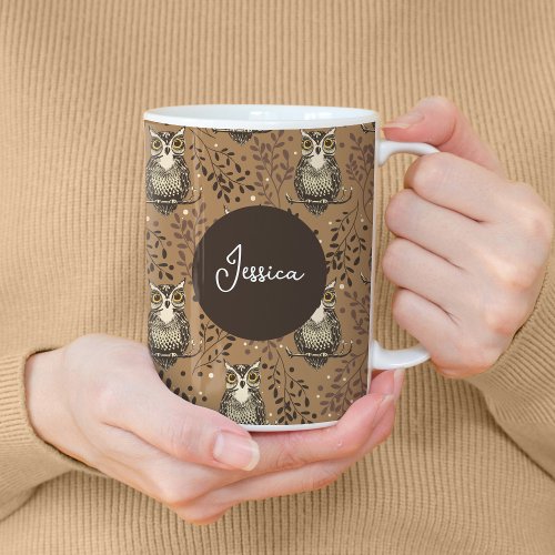 Brown Owl Illustrated Woodland Pattern Coffee Mug