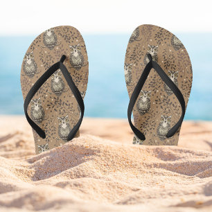 Brown Owl Illustrated Woodland Pattern Flip Flops