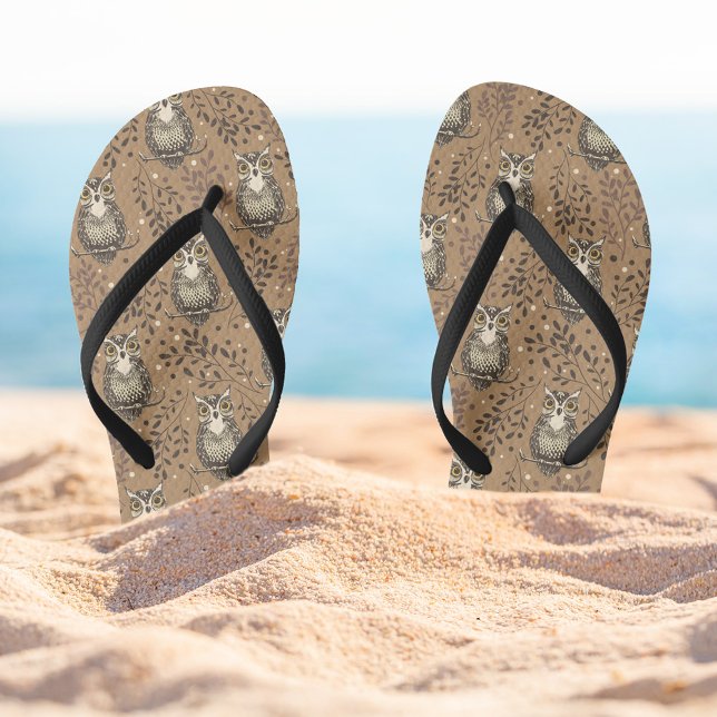 Brown Owl Illustrated Woodland Pattern Flip Flops (Owl Pattern Flipflops)