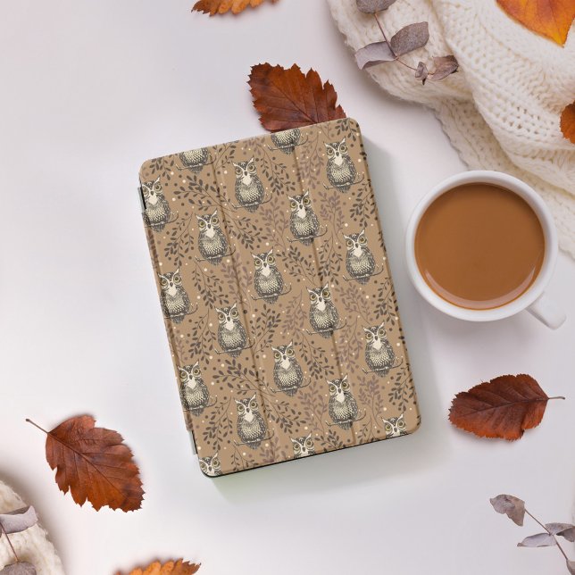 Brown Owl Illustrated Woodland Pattern iPad Pro Cover (Owl Pattern iPad Smart Cover)