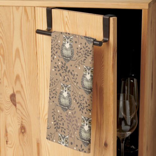 Brown Owl Illustrated Woodland Pattern Kitchen Towel