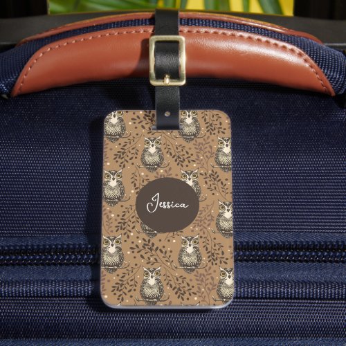 Brown Owl Illustrated Woodland Pattern Luggage Tag