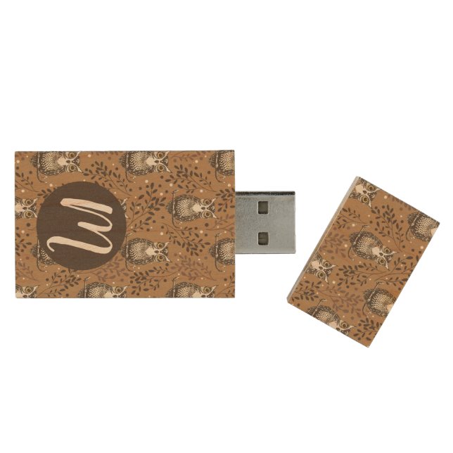 Brown Owl Illustrated Woodland Pattern & Monogram Wood Flash Drive (Opened)
