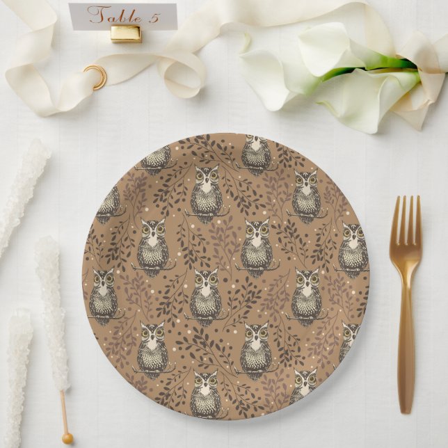 Brown Owl Illustrated Woodland Pattern Paper Plates (Wedding)