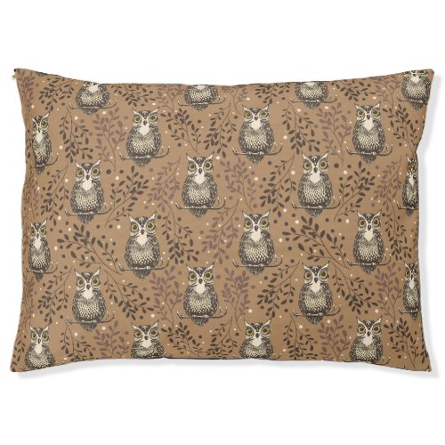 Brown Owl Illustrated Woodland Pattern Pet Bed