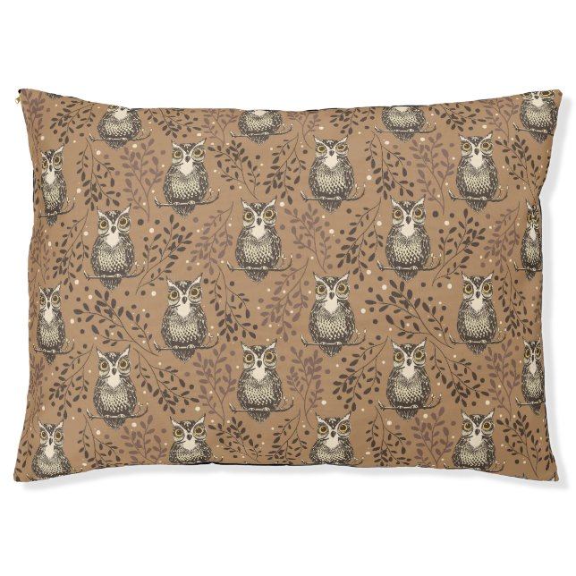 Brown Owl Illustrated Woodland Pattern Pet Bed (Front)