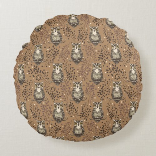 Brown Owl Illustrated Woodland Pattern Round Pillow