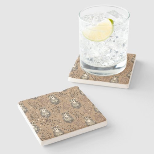 Brown Owl Illustrated Woodland Pattern Stone Coaster