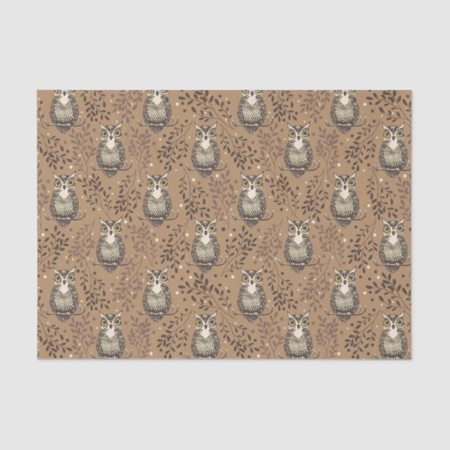 Brown Owl Illustrated Woodland Pattern Tissue Paper (Front)