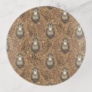 Brown Owl Illustrated Woodland Pattern Trinket Tray