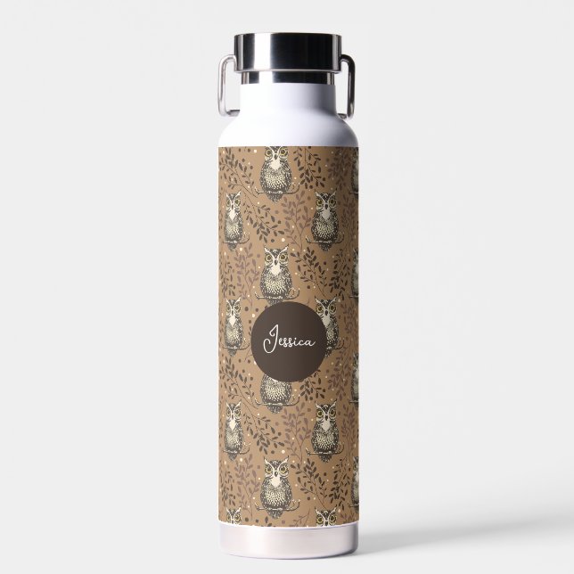 Brown Owl Illustrated Woodland Pattern Water Bottle (Front)