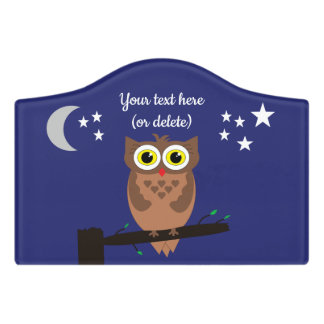 Brown owl on blue Door sign