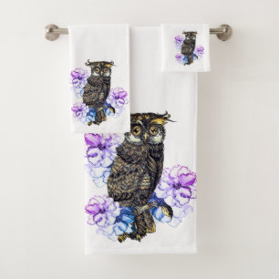 Brown Owl Purple Flowers Bath Towel Set