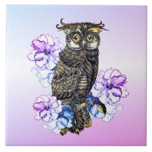 Brown Owl Purple Flowers Ceramic Tile