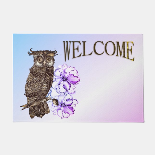 Brown Owl Purple Flowers  Doormat (Front)