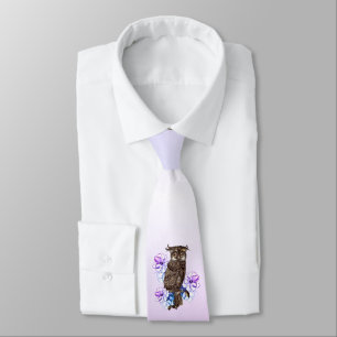 Brown Owl Purple Flowers Neck Tie