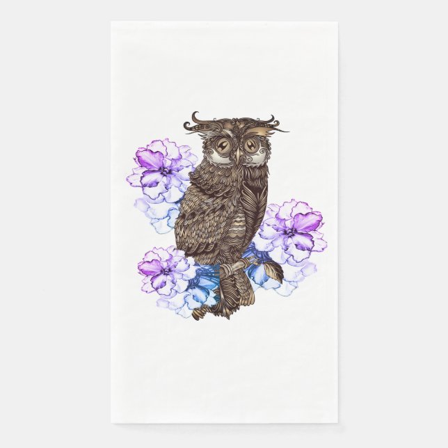 Brown Owl Purple Flowers  Paper Guest Towels (Front)