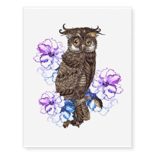 Brown Owl Purple Flowers Temporary Tattoos