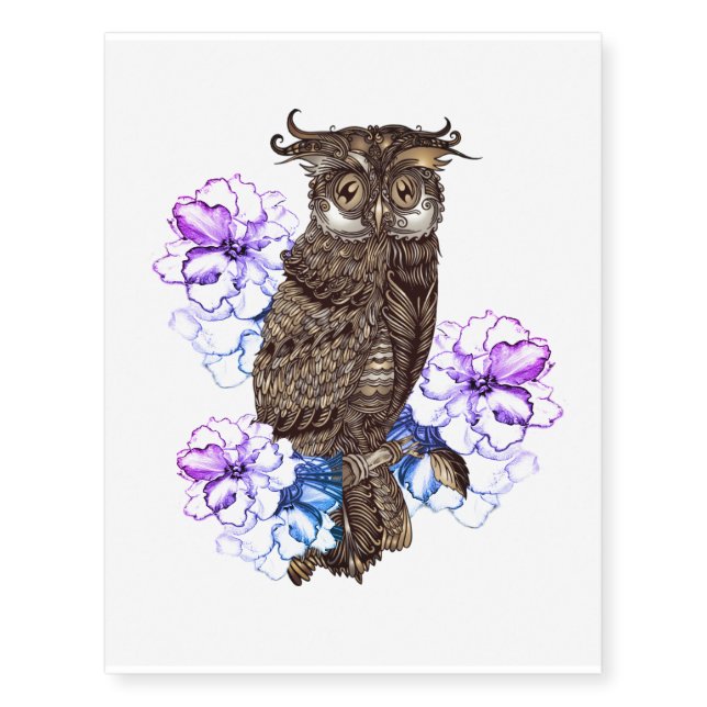 Brown Owl Purple Flowers  Temporary Tattoos (Front)