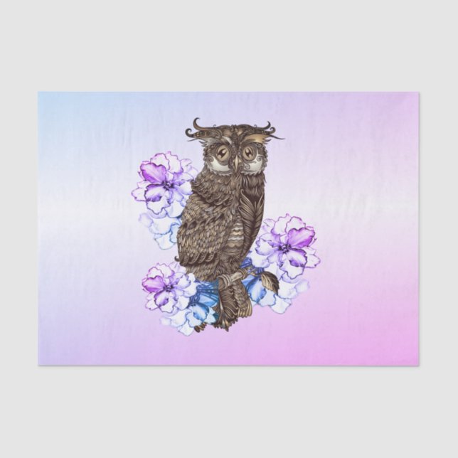 Brown Owl Purple Flowers  Tissue Paper (Front)