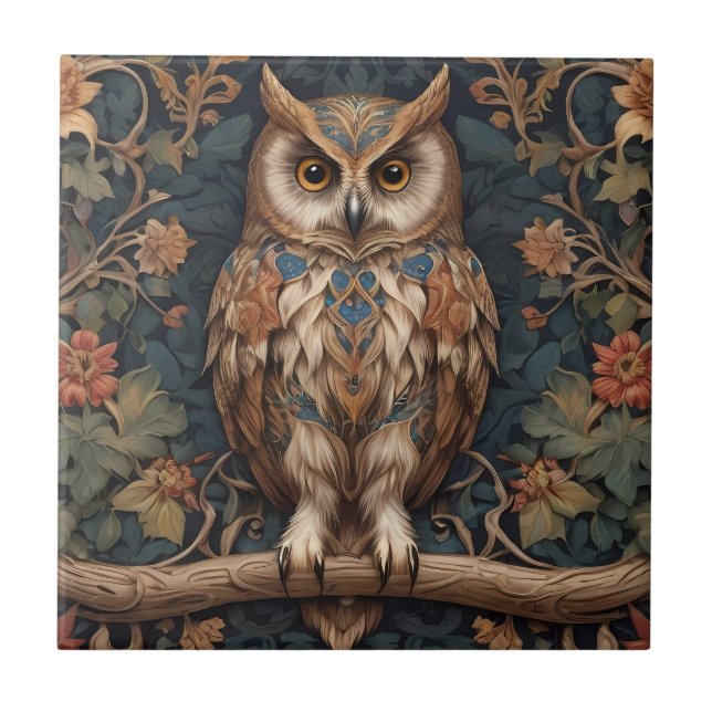 Brown Owl William Morris Inspired Ceramic Tile (Front)