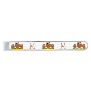 Brown Owls Design Monogrammed Silver Finish Tie Bar