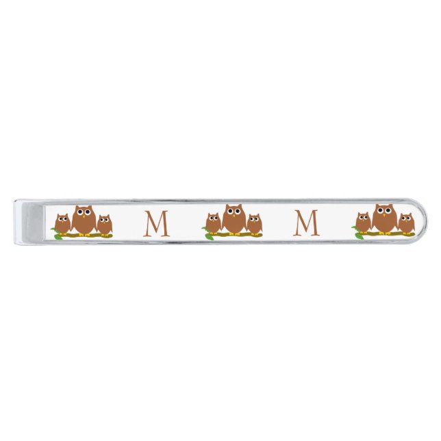 Brown Owls Design Monogrammed Silver Finish Tie Bar (Front)
