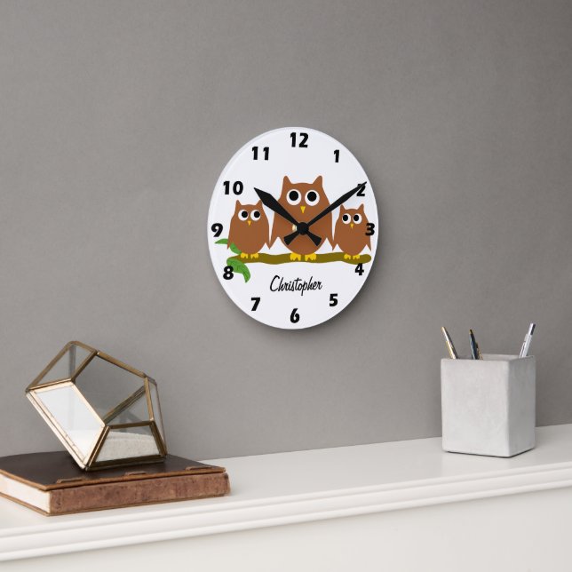 Brown Owls Design Personalised Round Clock (Office)