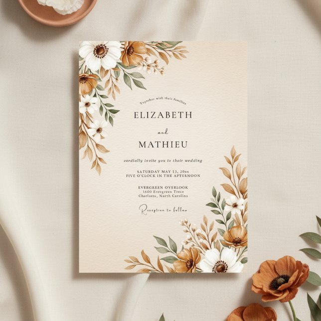 Brown Painterly Floral Flourish Wedding Invitation (Creator Uploaded)