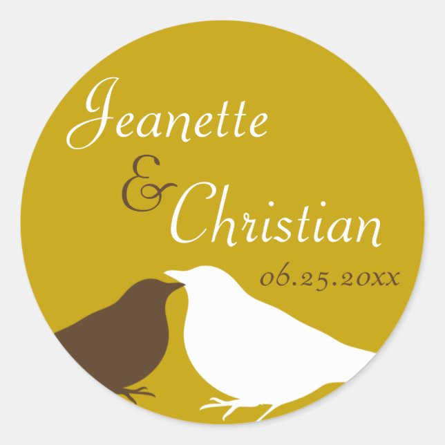 Brown pair love birds wedding favor seal label (Front)