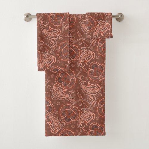 Brown paisley damask floral oriented ethnic bath towel set