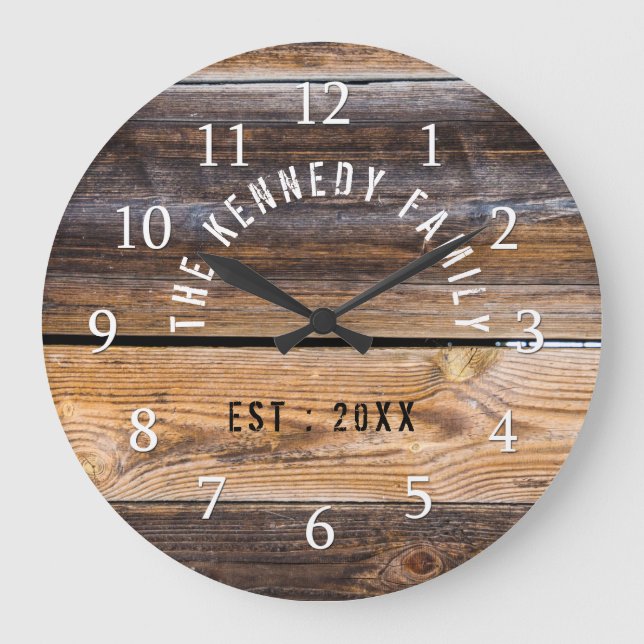 Brown Pallet Wood Farmhouse Family Name   Large Clock (Front)