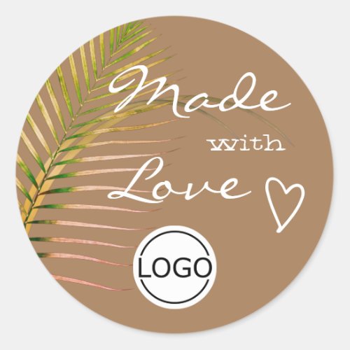Brown Palm Tree Leaf Made with Love Logo Template Classic Round Sticker