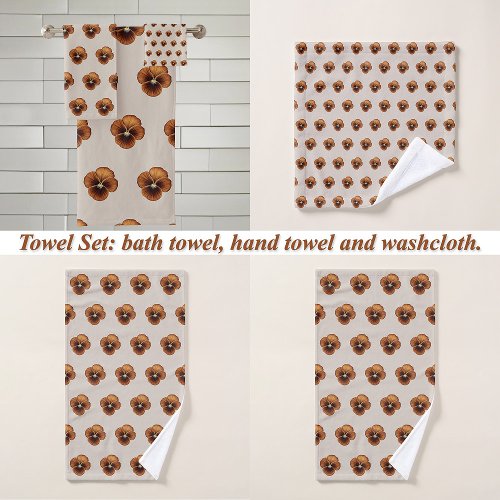 Brown Pansy Flower Seamless Pattern on Bath Towel Set