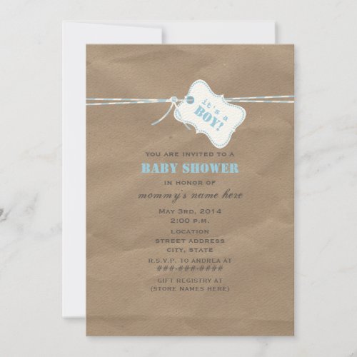 Brown Paper  Blue Twine Inspired Baby Shower Invitation
