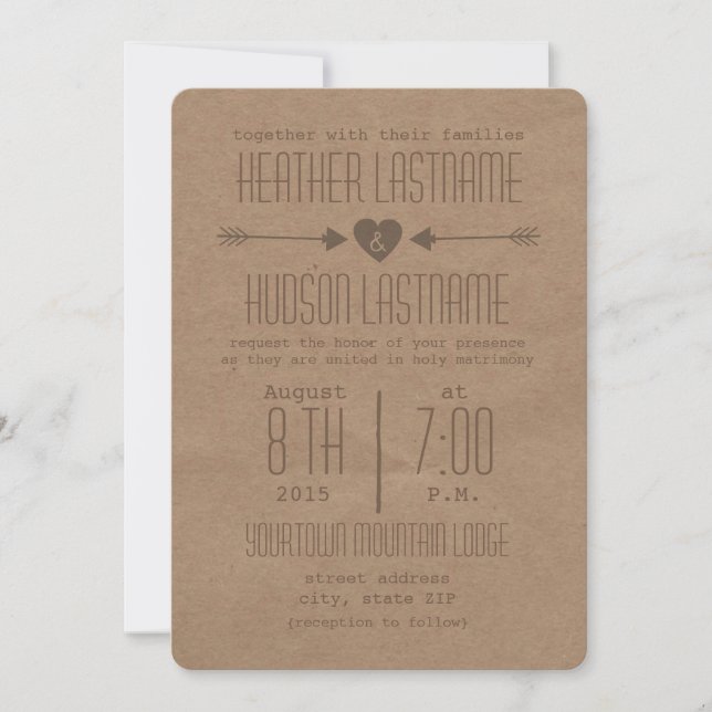 Brown Paper Inspired Arrows + Heart Rustic Brown Invitation (Front)