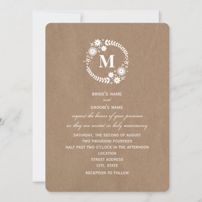 Brown Paper Inspired White Wreath Monogram Wedding Invitation (Front)