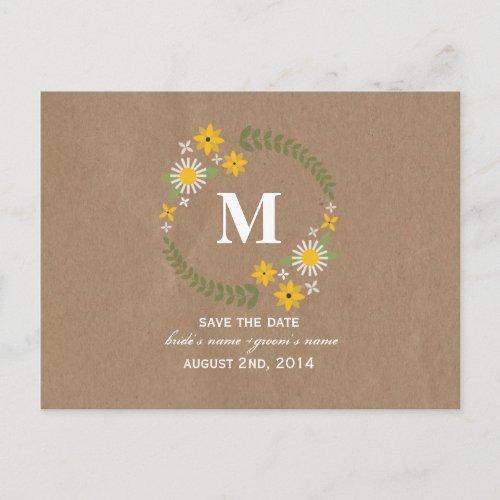 Brown Paper Inspired Wildflower Monogram Save Date Announcement Postcard
