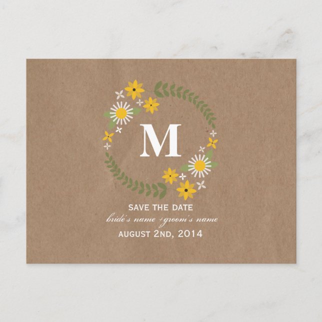 Brown Paper Inspired Wildflower Monogram Save Date Announcement Postcard (Front)