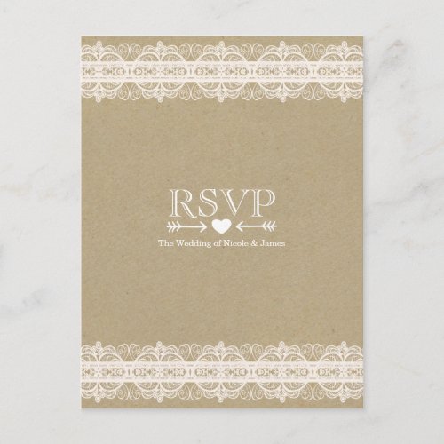 Brown Paper  Lace Natural Rustic Wedding RSVP Invitation Postcard