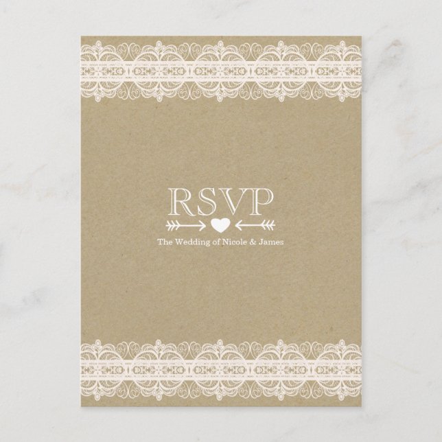 Brown Paper & Lace Natural Rustic Wedding RSVP Invitation Postcard (Front)