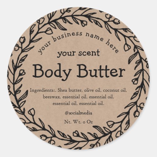 Brown paper organic rustic wreath body butter classic round sticker