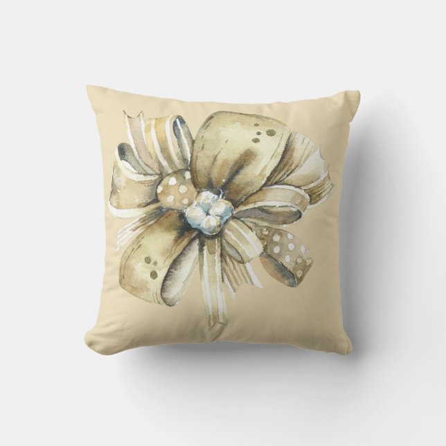 Brown Paper Package with Red & Cream Fancy Bows Throw Pillow (Front)