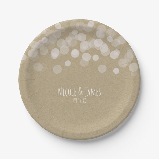 Brown Paper Simple Rustic White Lights Wedding Paper Plates (Front)